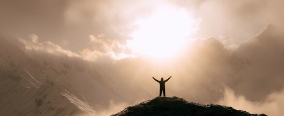 The person celebrating triumph on a mountain peak during a stunning sunset.