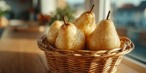 Arrangement of four ripe pears in wicker basket on wooden table by sunlit window, evoking rustic kitchen, healthy eating, and seasonal harvest themes