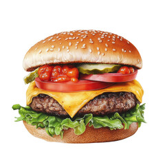 Delicious cheeseburger with lettuce, tomato, pickles, and ketchup in sesame seed bun ready to be enjoyed and savored transparent background