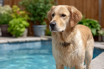 Golden retriever dog standing near a swimming pool surrounded by lush greenery and sunlight