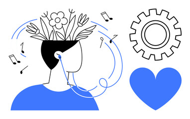 Person with earphones symbolizes music-driven creativity. Flowers emerge from the head, notes swirl, showcasing inspiration. Ideal for creativity, wellness, mindfulness, music, mental health