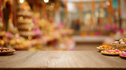 Wooden Table with Blurred Diwali Community Hall Background and Rangoli Decorations