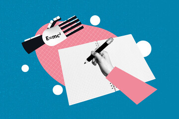 Full 3d art trend collage of hand hold pen write note robot arm show formula math subject exam...