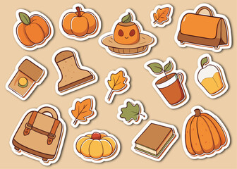 Autumnal Sticker Collection A Whimsical Arrangement of Pumpkins Leaves Books and Bags on a Neutral Background collection