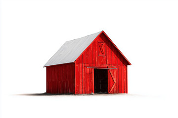 Selective focus red barn in countryside farming isolated on white background, Backyard shed on white background.