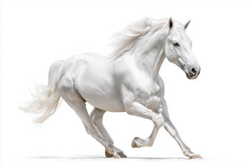 Obraz premium Portrait of horse jumping with elegant posture isolated on white background, Selective focus running horse in racecourse.