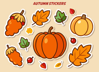 Autumnal Sticker Collection Pumpkins Leaves Berries and Flowers in a Playful Cartoon Style for Seasonal Designs and Decorations