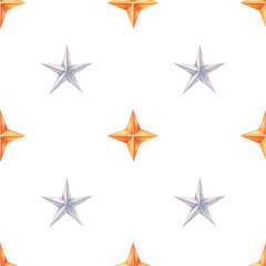 Obraz premium Seamless pattern featuring hand-painted gold and silver 3D stars on a white background. Elegant and festive, perfect for holiday design, gift wrap, or textile applications.