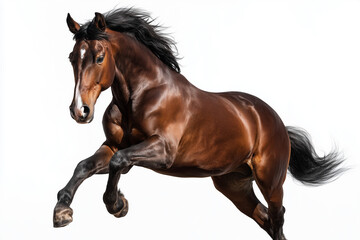 Obraz premium Portrait of horse jumping with elegant posture isolated on white background, Selective focus running horse in racecourse.