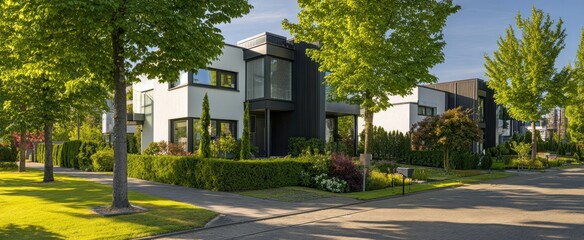 The modern homes lined along a tranquil street in a sunny neighborhood.