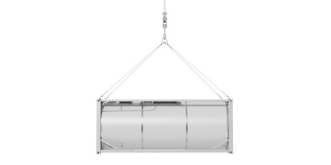 Mock up of liquefied gas cylinder being hosted by hooks, isolated on transparent background....