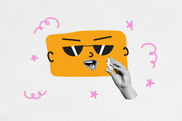 Banner creative poster art collage of bodyless head emoji wear 3d glasses eat popcorn snack hand...