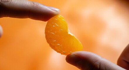 Fingers delicately hold a single, translucent orange segment, showcasing its juicy texture against a blurred, warm orange background