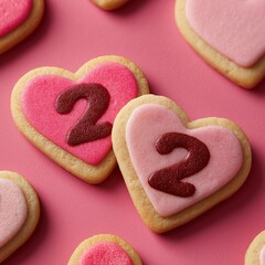 Heart - shaped cookies with number 2 on pink icing, arranged on a pink background, ideal for anniversary or celebration designs 