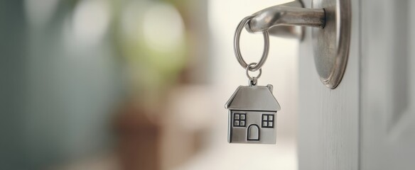 The key with a house charm hanging from a doorknob in a cozy interior.