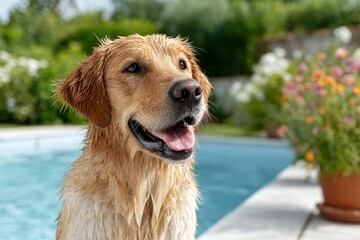 Golden retriever dog with wet fur enjoying a sunny day by the swimming pool with flowers
