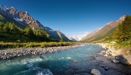 scenic river flows through rugged mountain terrain under a clear sky in the early morning hours