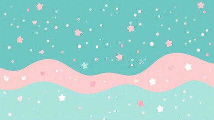 Pastel pink and teal wavy background with stars and hearts.