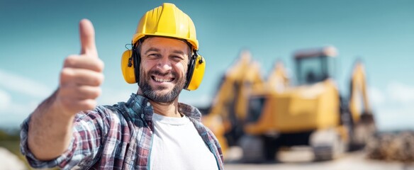The happy construction worker giving a thumbs-up at a work site.