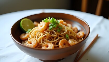 Shrimp Noodles in a Brown Bowl