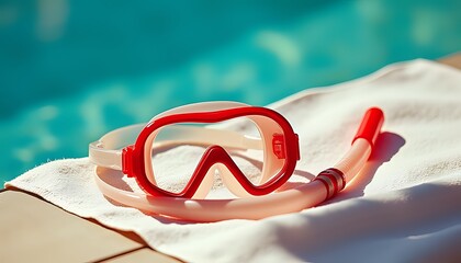 Swimming Goggles and Snorkel by a Pool