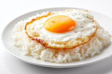Fried egg over rice dish isolated on white background, Simple menu fried egg with rice.