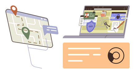 Interactive map with location pins and speech bubbles connected to a laptop showcasing cybersecurity features, shield icon, and analytics. Ideal for technology, navigation, cybersecurity, data