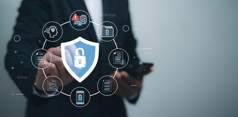 Cybersecurity awareness with shield icon user interface protecting data privacy document access digital lock secure file encryption firewall protection information system