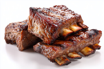 Smoked barbecue ribs isolated on white background, Selective focus grilled beef ribs on white background.