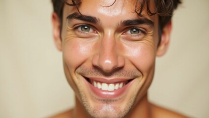 Retrato en primer plano de un joven de ojos brillantes con una sonrisa cálida y radiante, que muestra su piel radiante y saludable