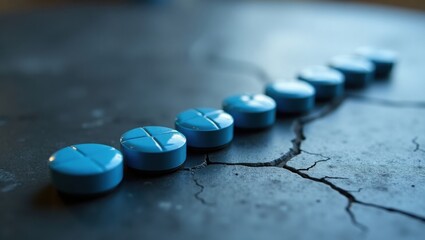 Pastillas redondas azules dispuestas en línea diagonal sobre una superficie gris texturizada