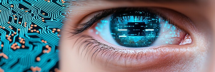 Close-up of a human eye reflecting digital data and circuitry, symbolizing the fusion of technology and human perception.