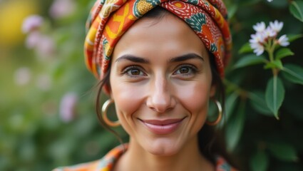 Mujer joven sonriente con pañuelo en la cabeza posando entre plantas verdes