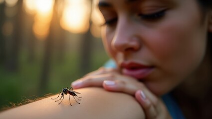 Mujer con una mosquito picando su piel