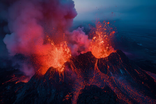 A volcano erupts with lava and smoke, creating a fiery and dangerous scene