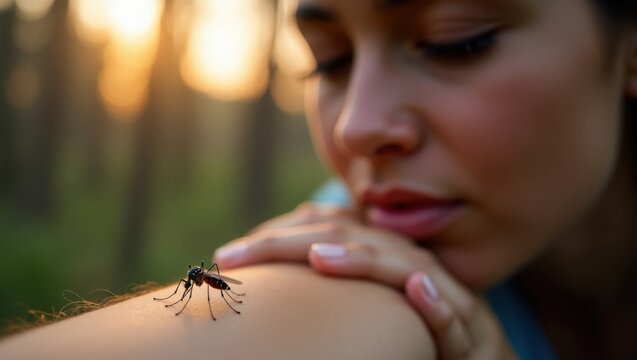 Mujer con una mosquito picando su piel