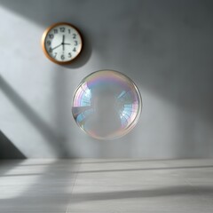 Floating iridescent bubble in a minimalist room with a wall - mounted clock and soft shadows, suitable for decorative or design projects 