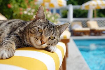 Tabby cat lounging on a sunbed beside a sparkling swimming pool in a vibrant outdoor setting