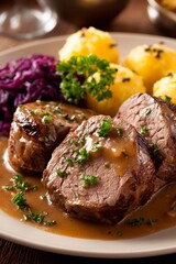 A savory dish features tender roast beef slices covered in rich gravy, accompanied by vibrant purple cabbage, parsley garnish, and creamy mashed potatoes