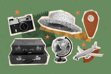Image pop 3d zine full collage of tourism supplies geolocation straw hat valise retro camera device...