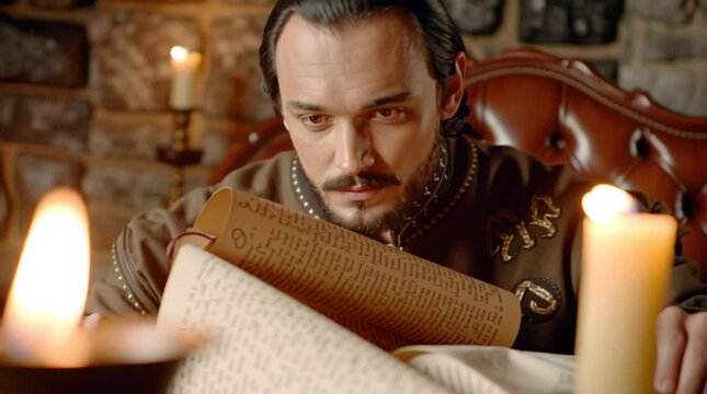 Medieval scholar reading scroll in candlelight, medieval scholar focused on ancient text, medieval scholar by candle flame