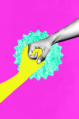 Vertical 3d poster art pop collage of hands boom cooperation business people development success...