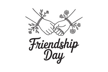 Friendship Day Illustration with Handshake and Floral Elements – Black and White Line Art