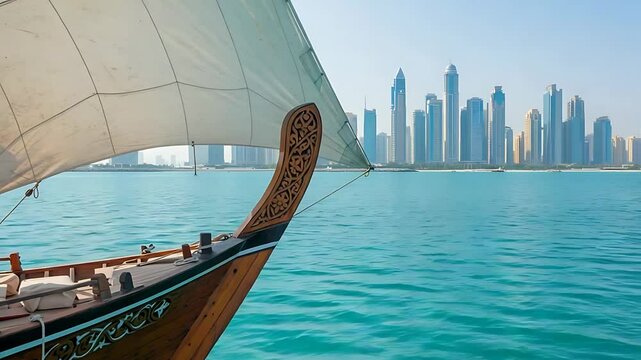 Sailing along the coast of Dubai with a traditional boat with a modern city in the background