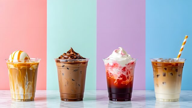 Four different refreshing iced coffee drinks are displayed against a colorful background in a studio setting.
