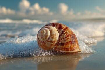 Seashell on sandy beach with ocean waves and foam, set against a backdrop of a clear blue sky with clouds. Ideal for coastal - themed designs, greeting cards, or summer - related projects. 
