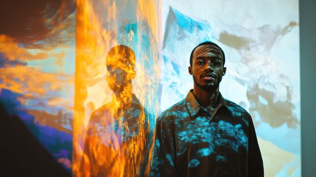 Portrait of a man with abstract light projections in split warm/cool color scheme