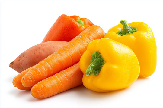 Group of carotenoid vegetable isolated on white background, Carotenoid pigment vegetable with carrot, bell pepper, sweet potato and pumpkin.