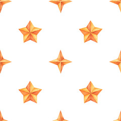  Seamless watercolor pattern with alternating five-pointed and four-pointed stars in warm orange tones. Hand-painted celestial shapes on a white background, perfect for fabric or wrapping paper.