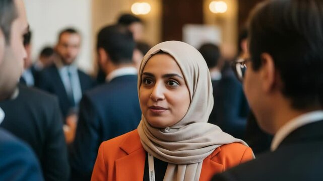 arab woman in a cream hijab and orange dress in a meeting with client in city